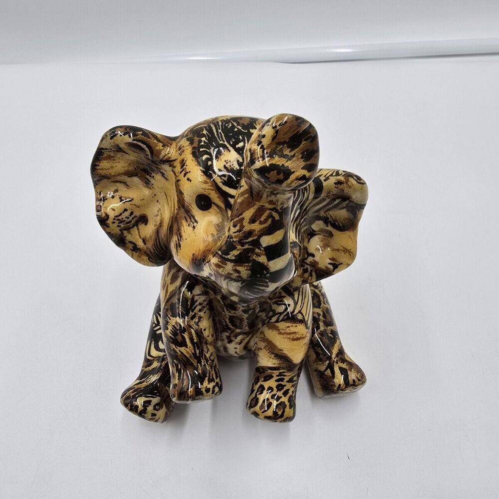 Vintage La Vie Baby Elephant Safari Patchwork Animal Print Ceramic Figurine‎ 7”